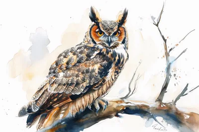 Watercolor Painting Of A Great Horned Owl