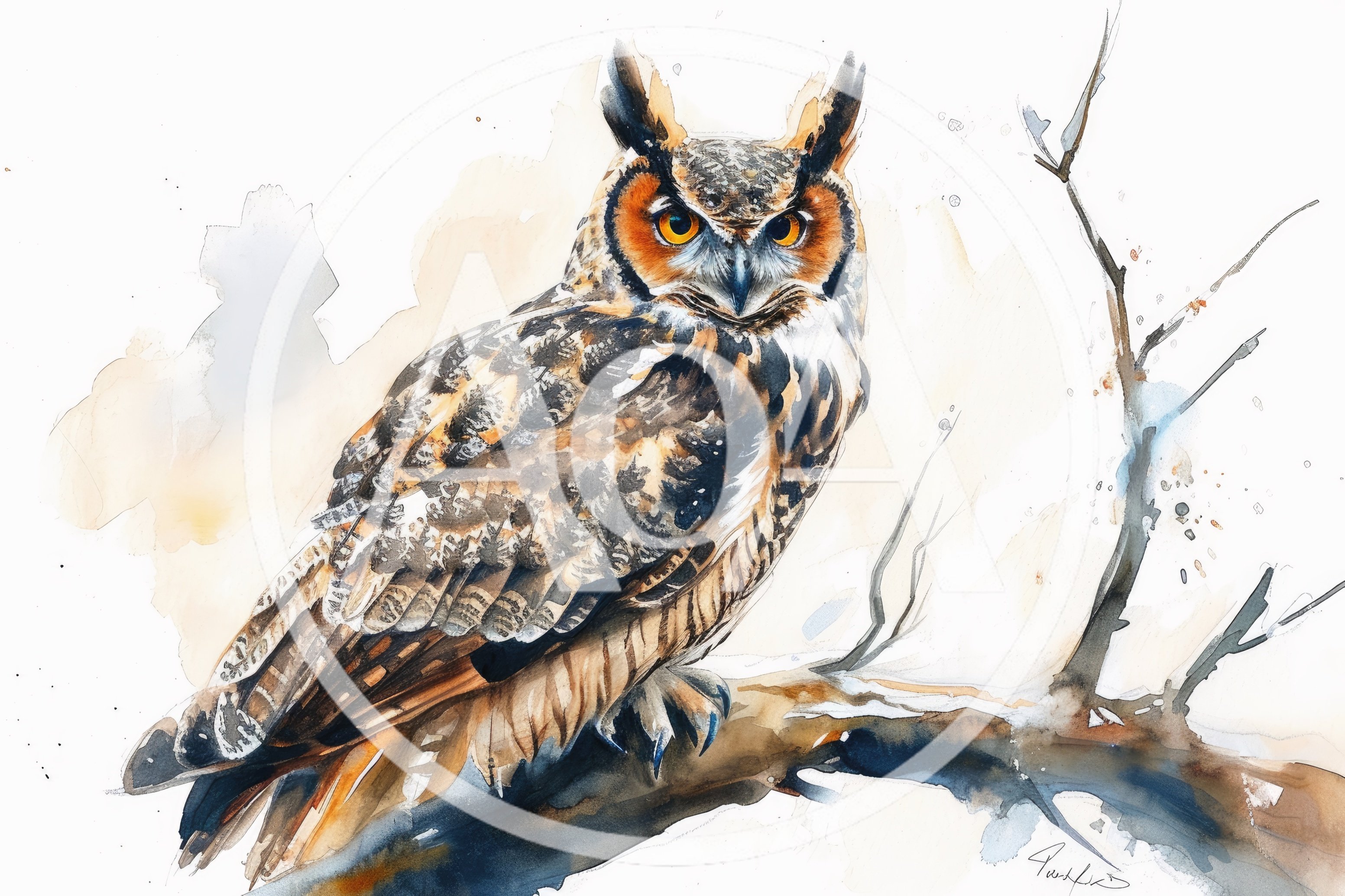 Watercolor Painting Of A Great Horned Owl