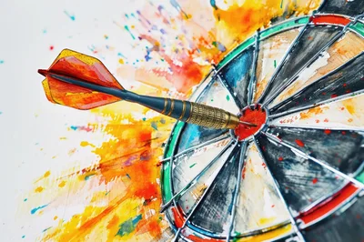Dart Hitting The Bullseye On A Colorful Painted Dartboard