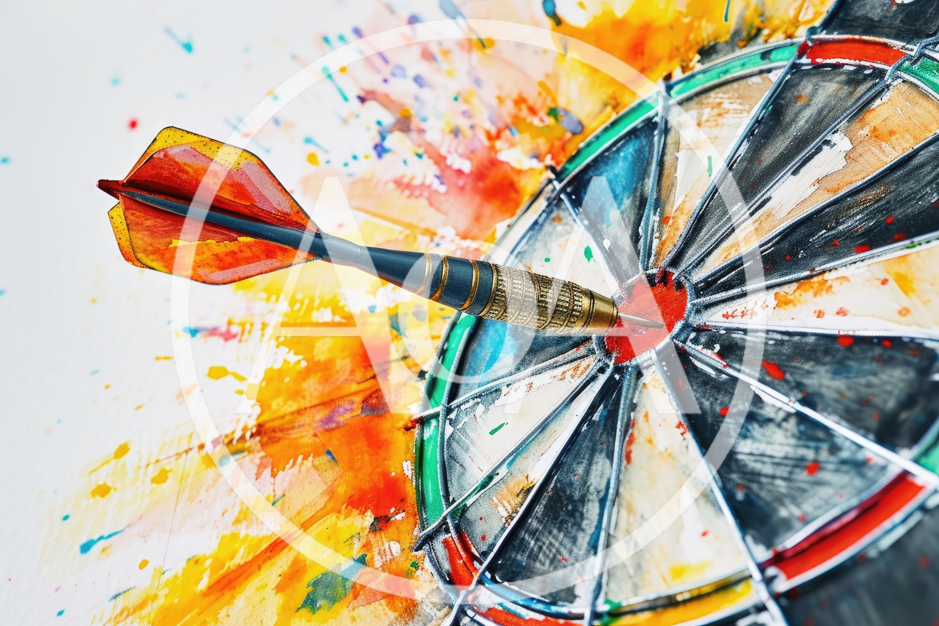 Dart Hitting The Bullseye On A Colorful Painted Dartboard