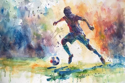 Watercolor Painting Of A Soccer Player Dribbling