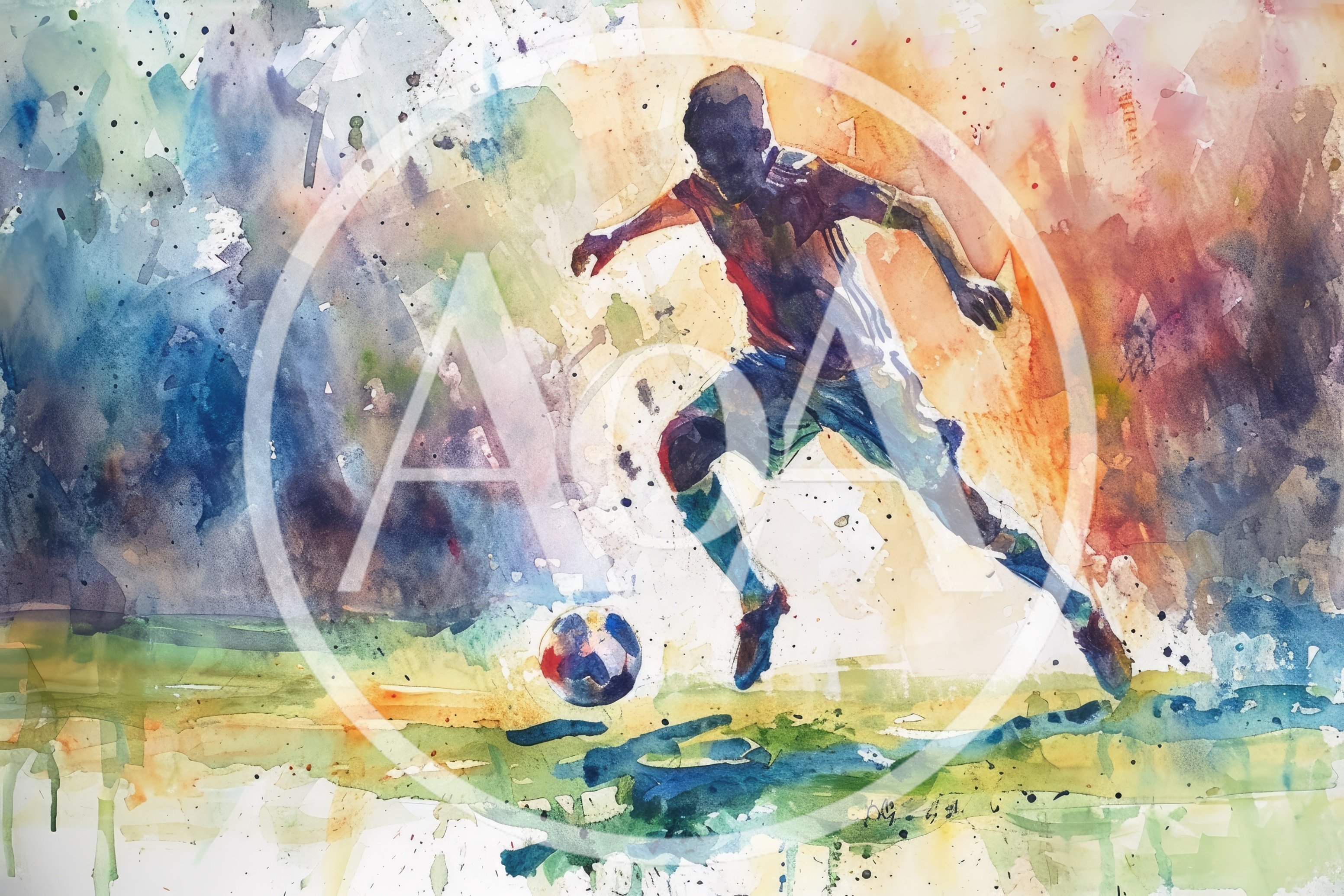 Watercolor Painting Of A Soccer Player Dribbling
