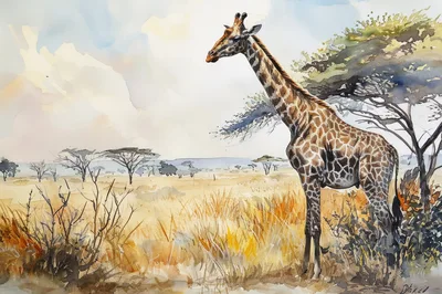 Watercolor Painting Of A Giraffe In The African Savanna