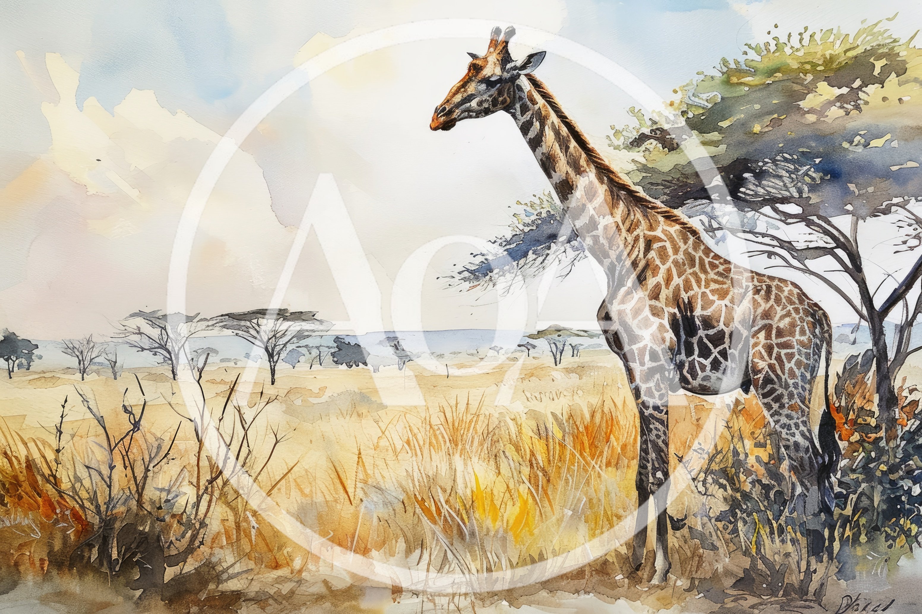 Watercolor Painting Of A Giraffe In The African Savanna