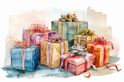 Watercolor Illustration Of A Stack Of Wrapped Gift Boxes