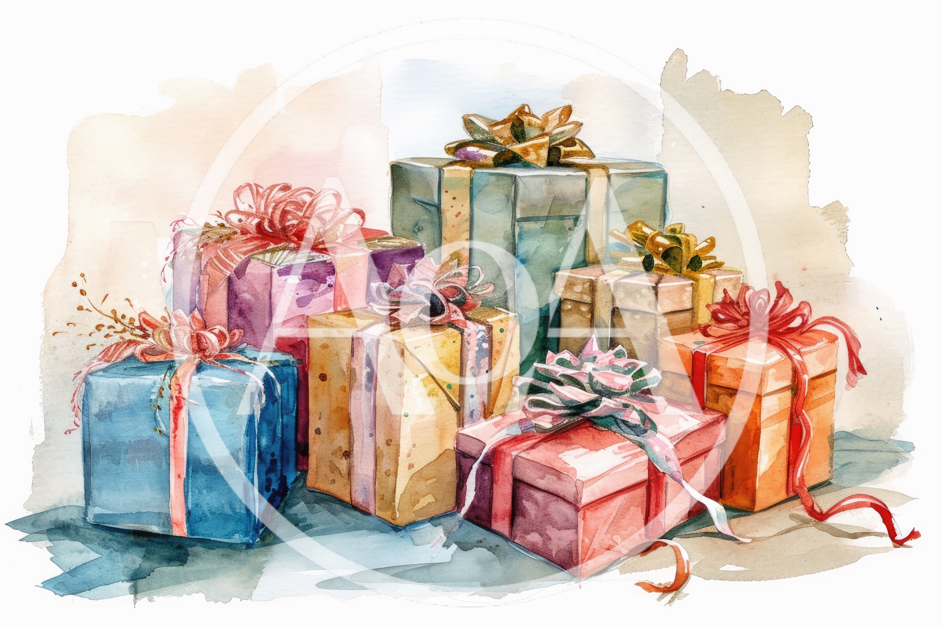 Watercolor Illustration Of A Stack Of Wrapped Gift Boxes
