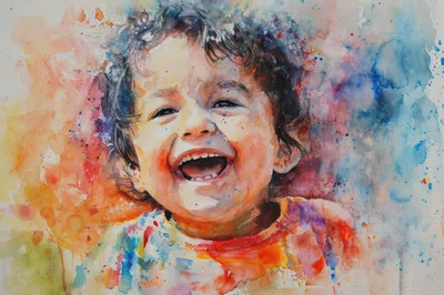 Watercolor Portrait Of A Joyful Laughing Child