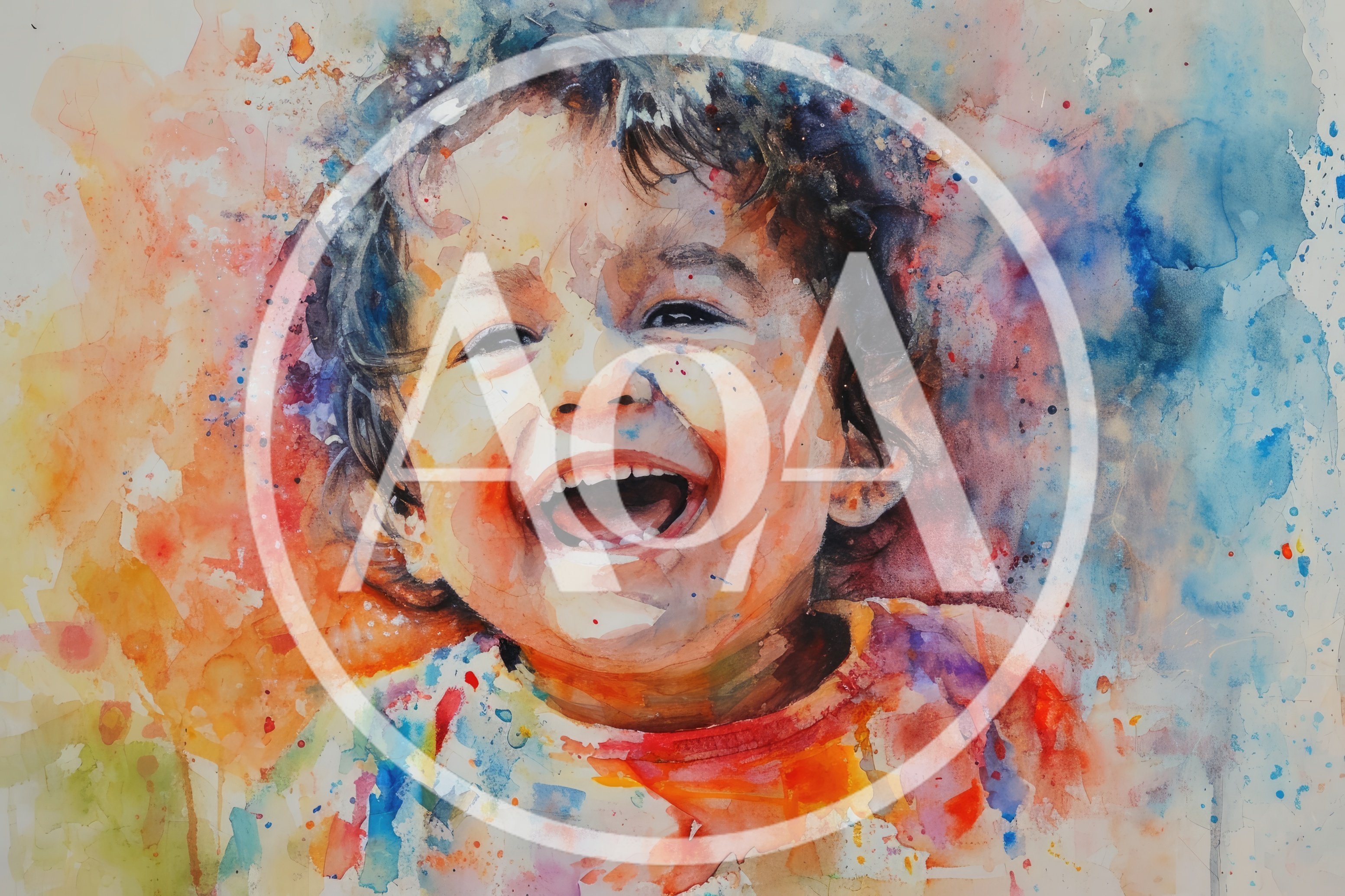 Watercolor Portrait Of A Joyful Laughing Child
