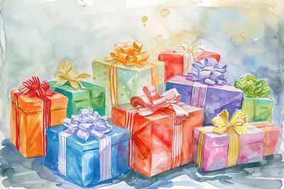 Watercolor Illustration Of Colorful Wrapped Gift Boxes