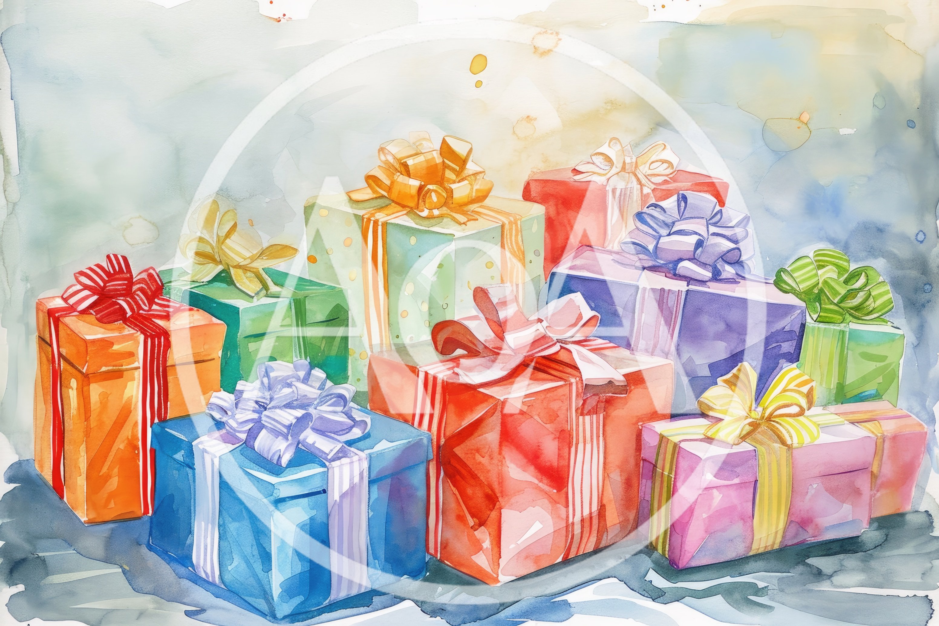 Watercolor Illustration Of Colorful Wrapped Gift Boxes