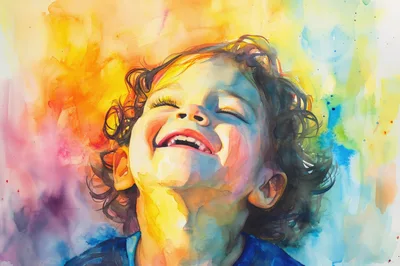 Watercolor Portrait Of A Joyful Laughing Child