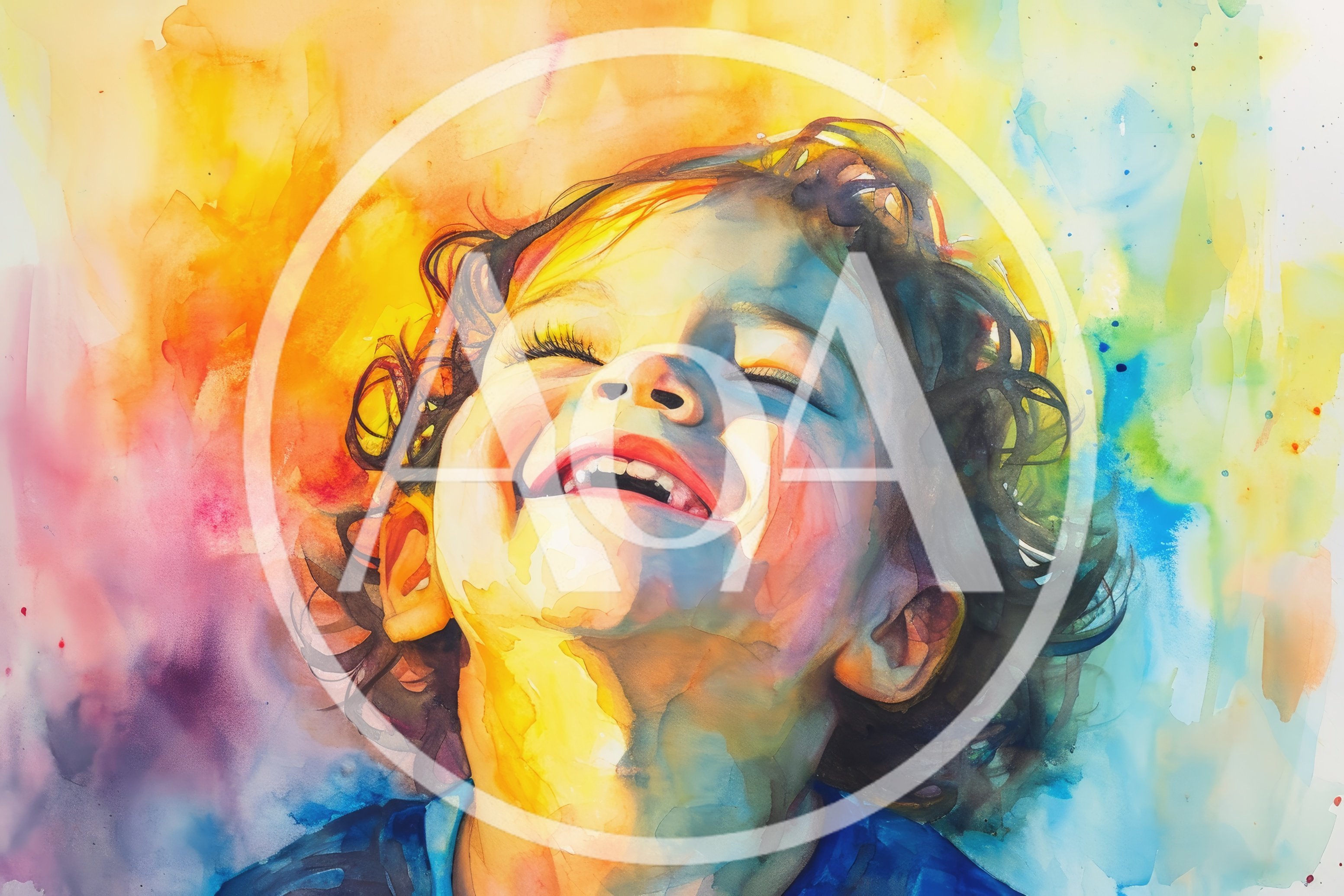 Watercolor Portrait Of A Joyful Laughing Child