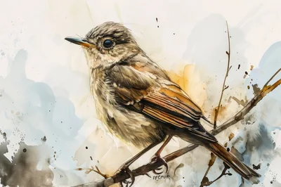 Watercolor Illustration Of A Small Brown Bird