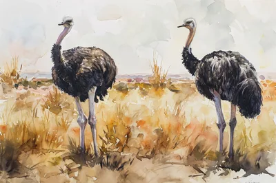 Watercolor Painting Of Two Ostriches In The Savannah