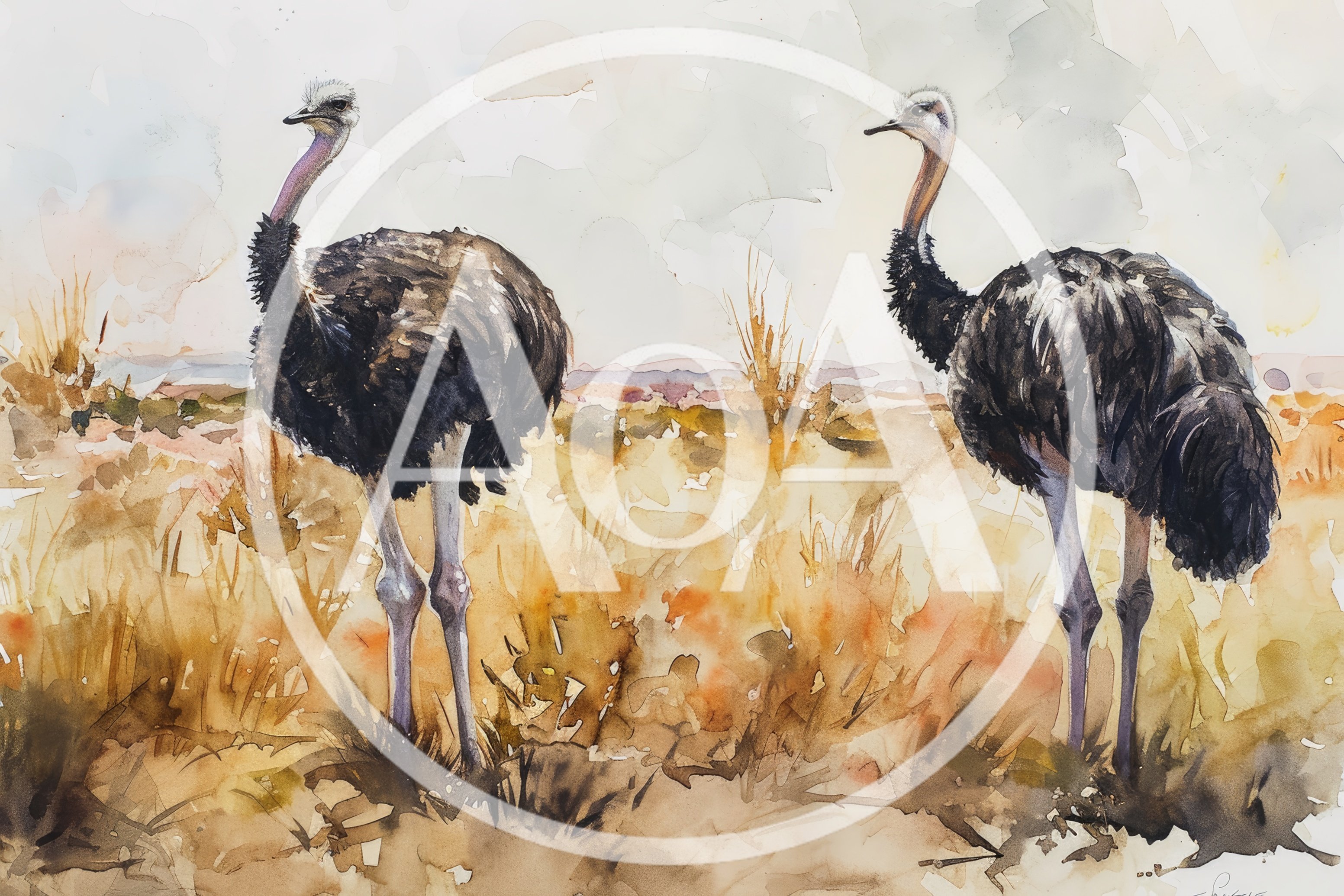Watercolor Painting Of Two Ostriches In The Savannah
