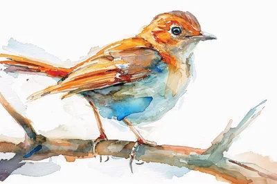 Watercolor Painting Of A Small Bird On A Branch