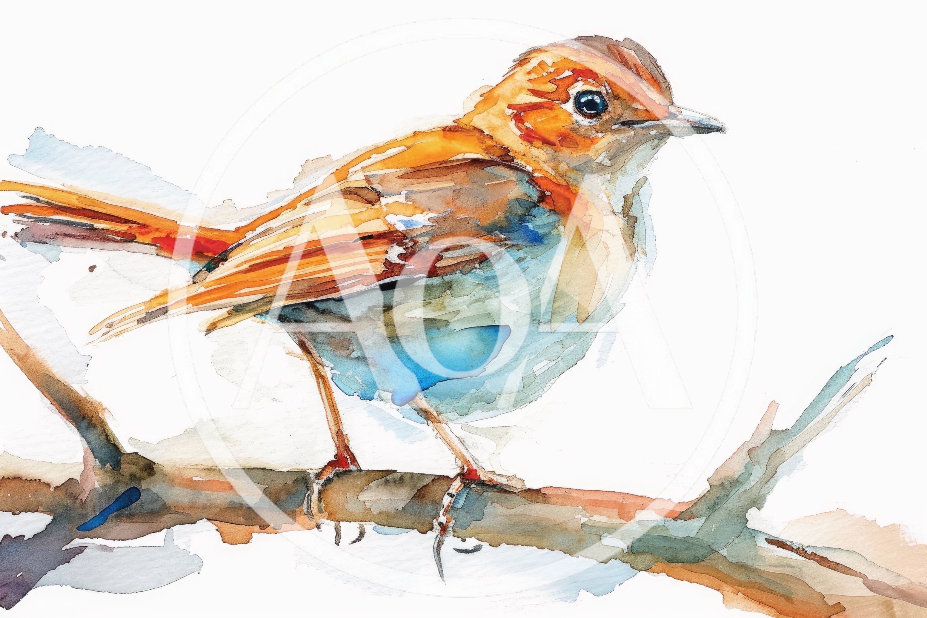 Watercolor Painting Of A Small Bird On A Branch