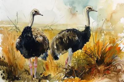 Watercolor Painting Of Two Ostriches In The Savanna
