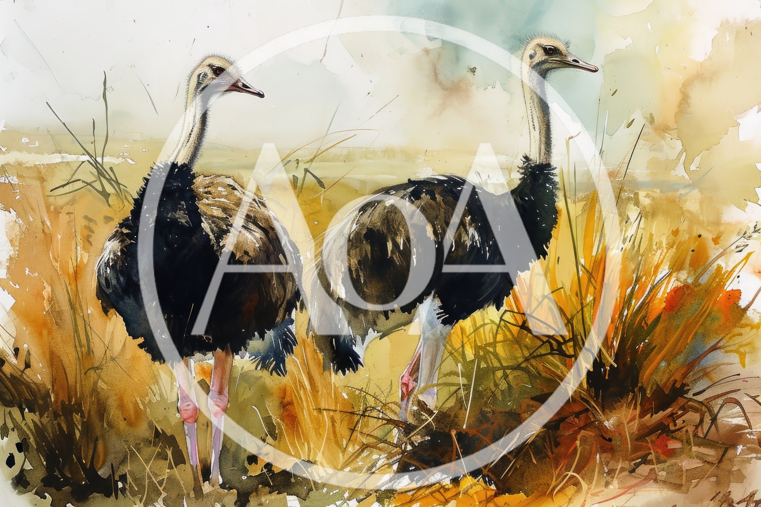 Watercolor Painting Of Two Ostriches In The Savanna