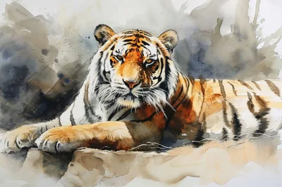 Watercolor Painting Of A Majestic Resting Tiger