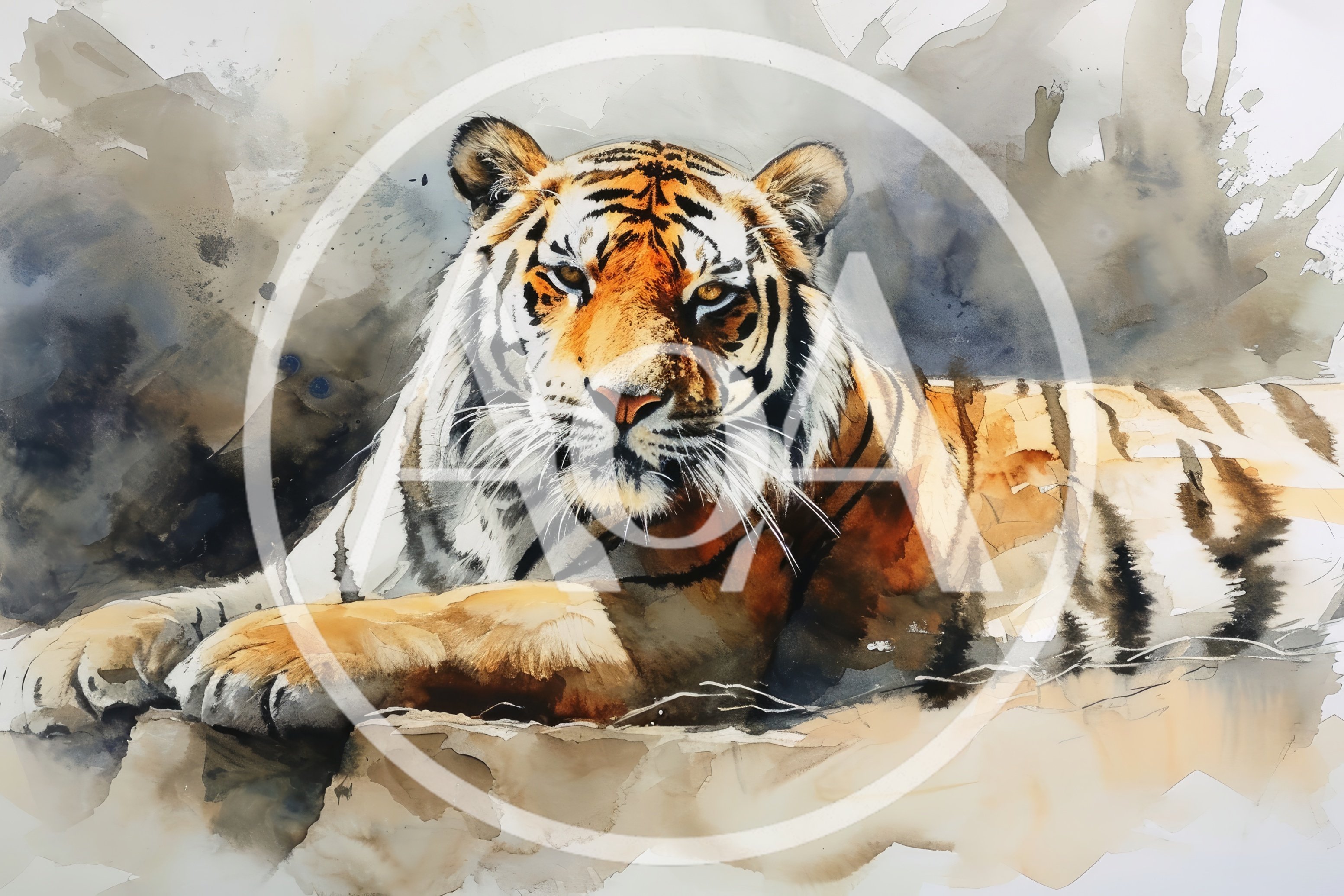 Watercolor Painting Of A Majestic Resting Tiger