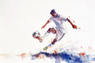 Watercolor Illustration Of A Soccer Player Kicking Ball