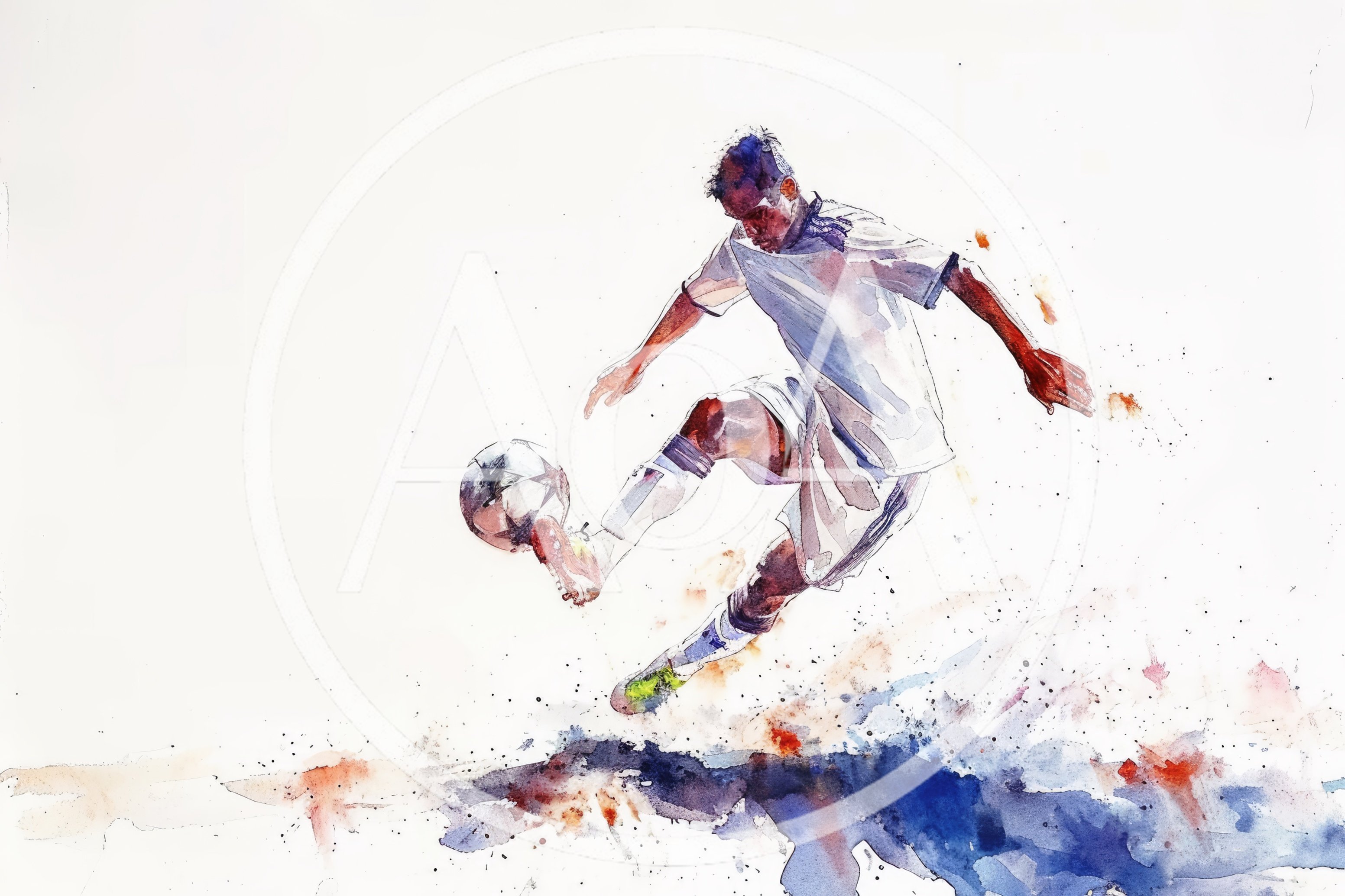 Watercolor Illustration Of A Soccer Player Kicking Ball