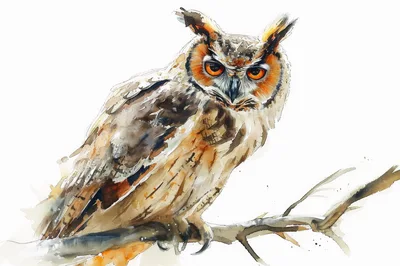 Watercolor Painting Of A Great Horned Owl