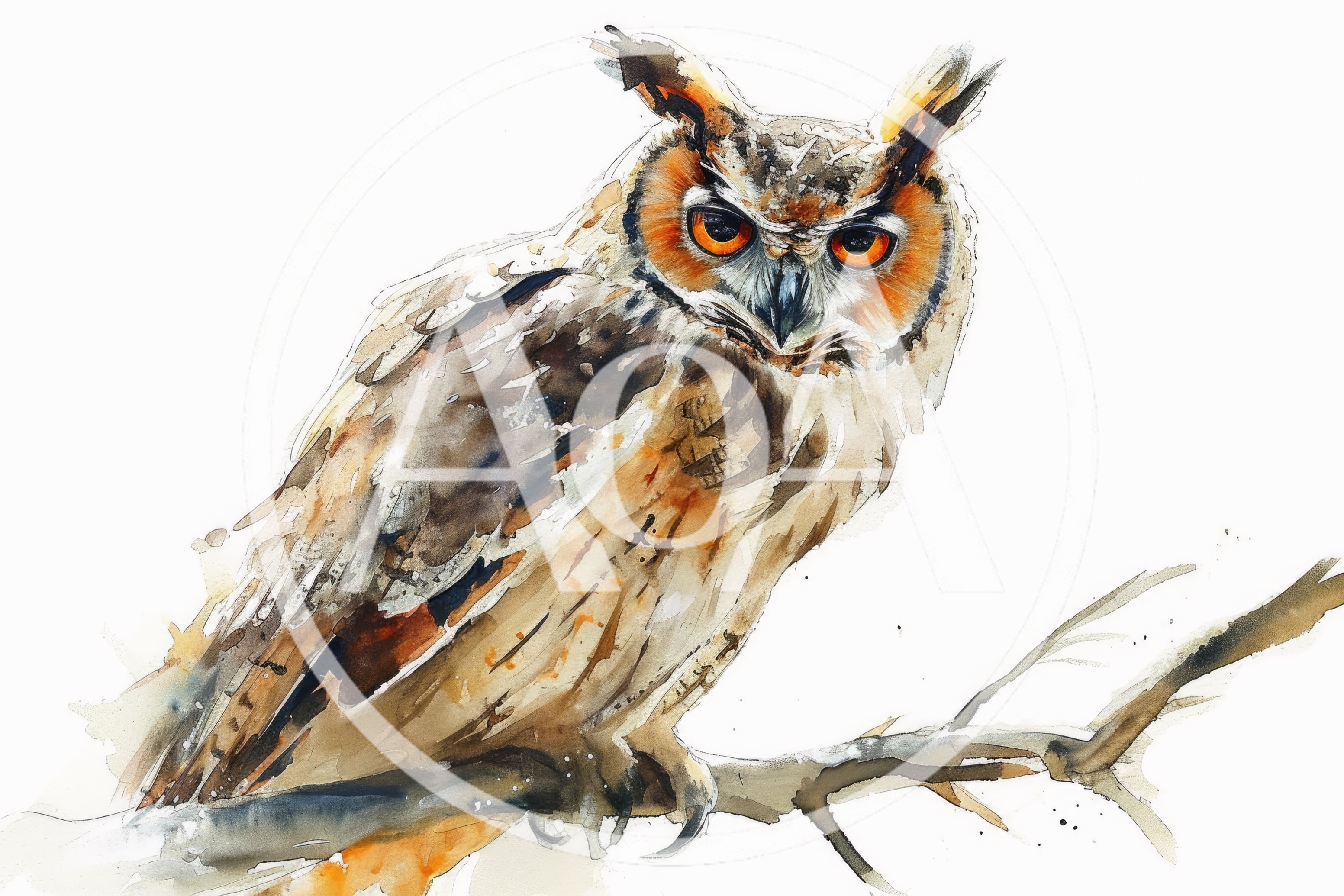 Watercolor Painting Of A Great Horned Owl
