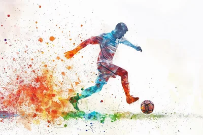 Watercolor Illustration Of A Soccer Player Kicking Ball