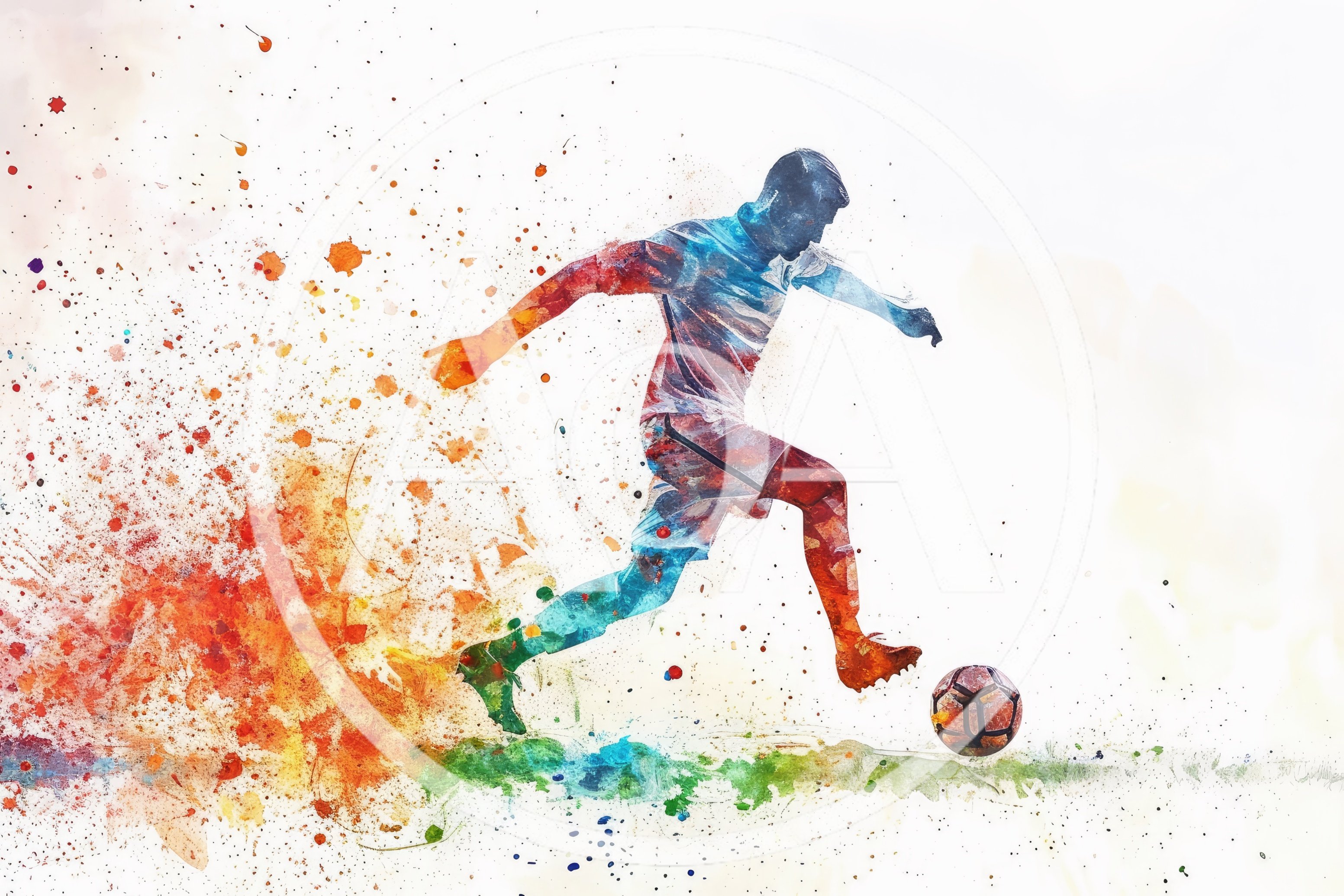 Watercolor Illustration Of A Soccer Player Kicking Ball