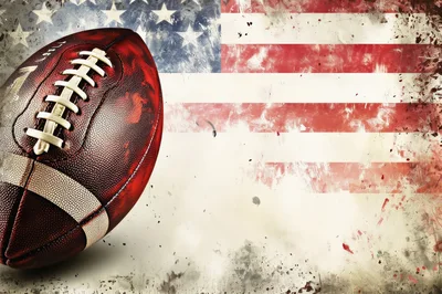 American Football Ball Over Grunge United States Flag Background
