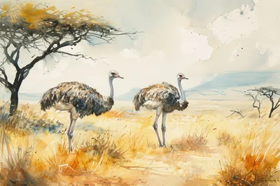 Two Ostriches Standing In An African Savanna Landscape