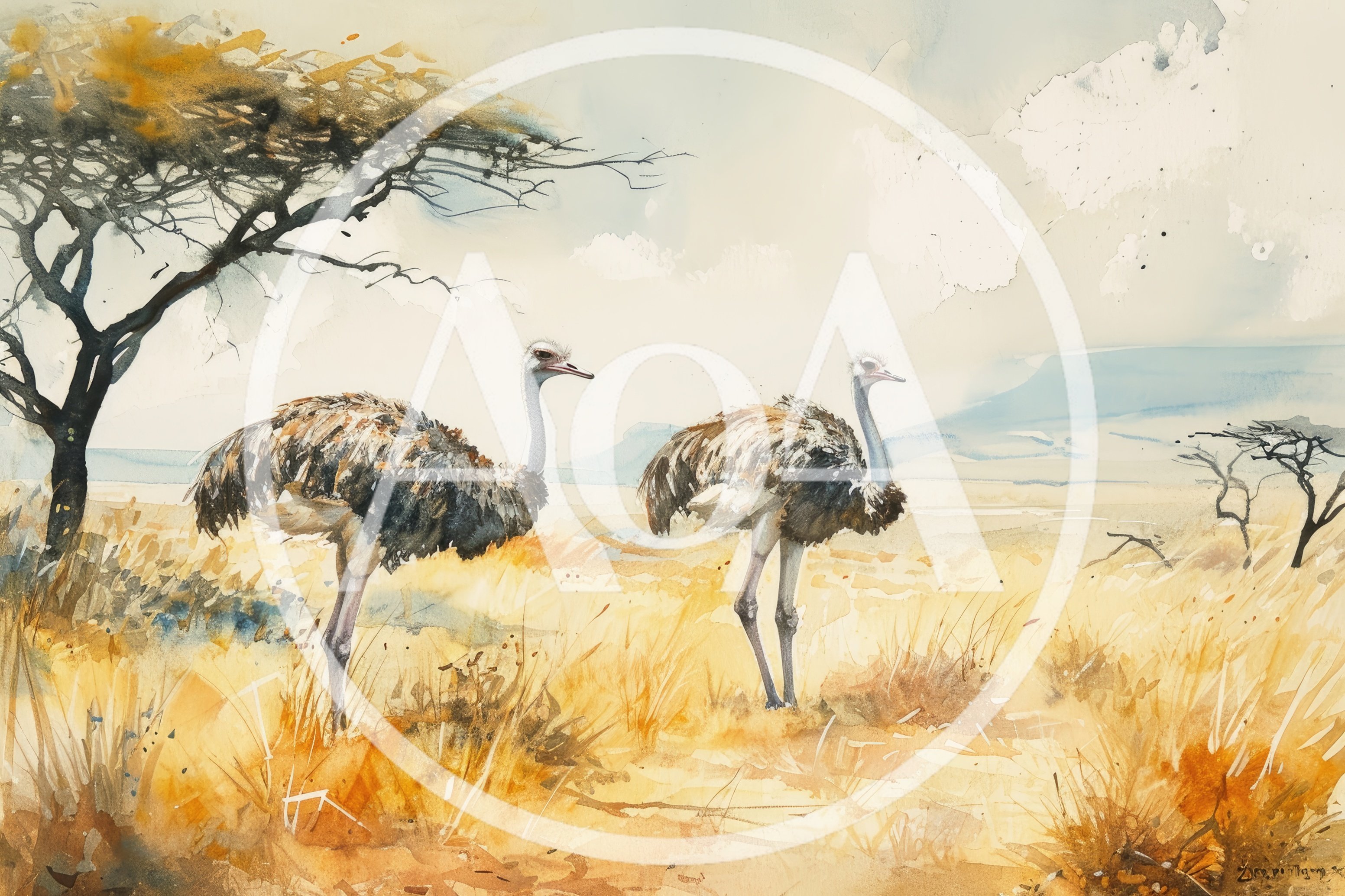 Two Ostriches Standing In An African Savanna Landscape