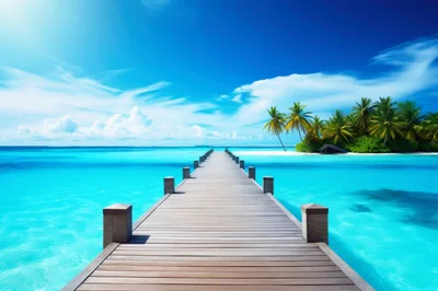 Wooden Pier Extending Into Tropical Turquoise Ocean Waters