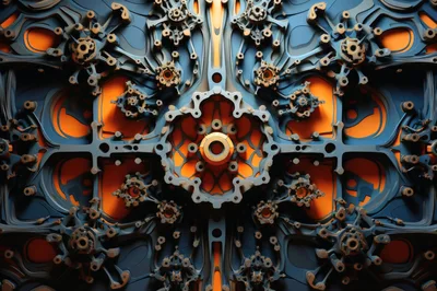 Abstract Mechanical Fractal Pattern With Orange And Blue