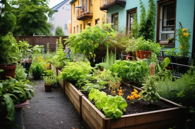 Urban Community Garden With Raised Wooden Planter Beds