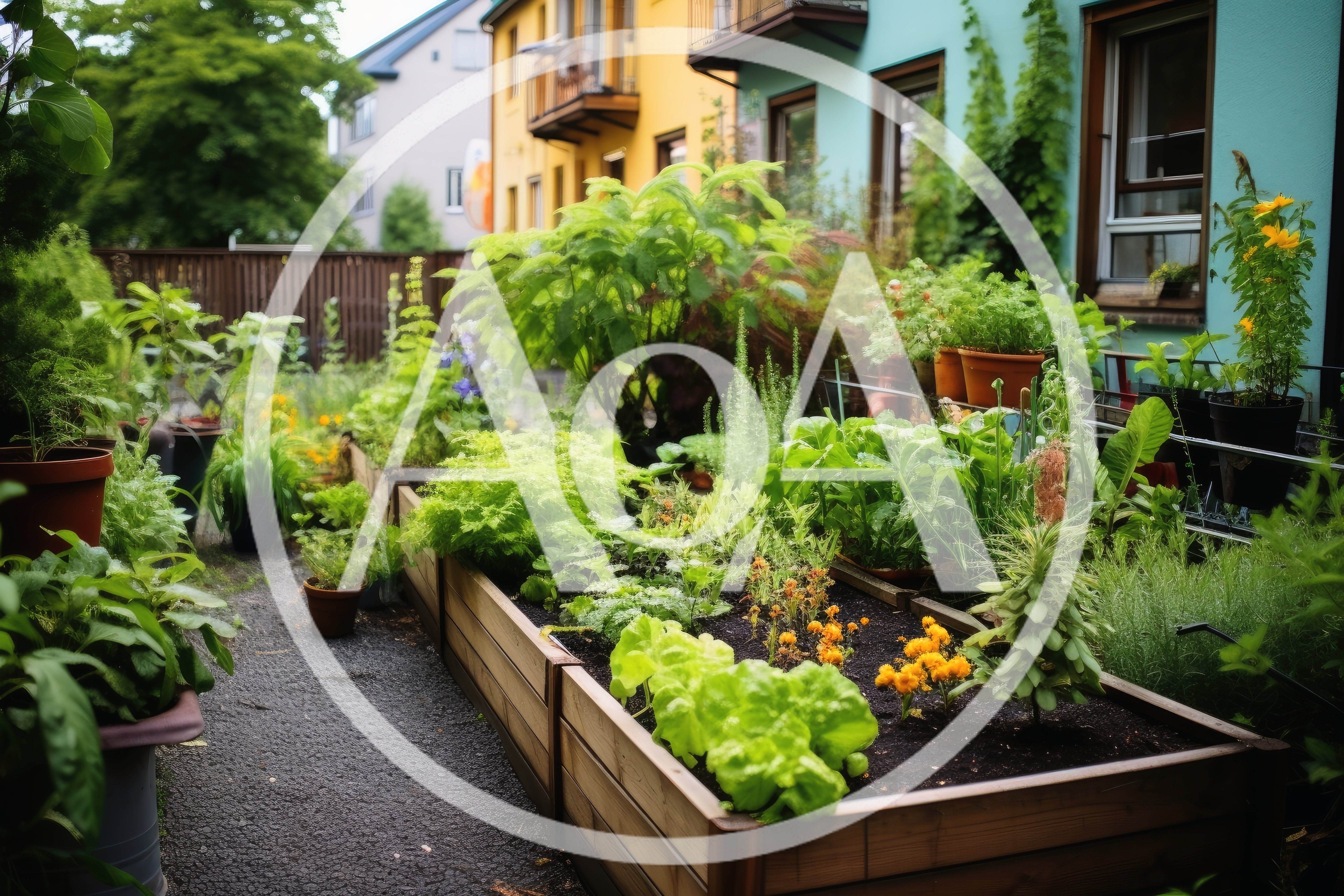 Urban Community Garden With Raised Wooden Planter Beds