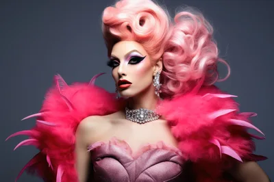 Drag Queen With Pink Hair And Feather Boa