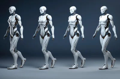 Four Identical White Robotic Humanoids Walking In Sequence