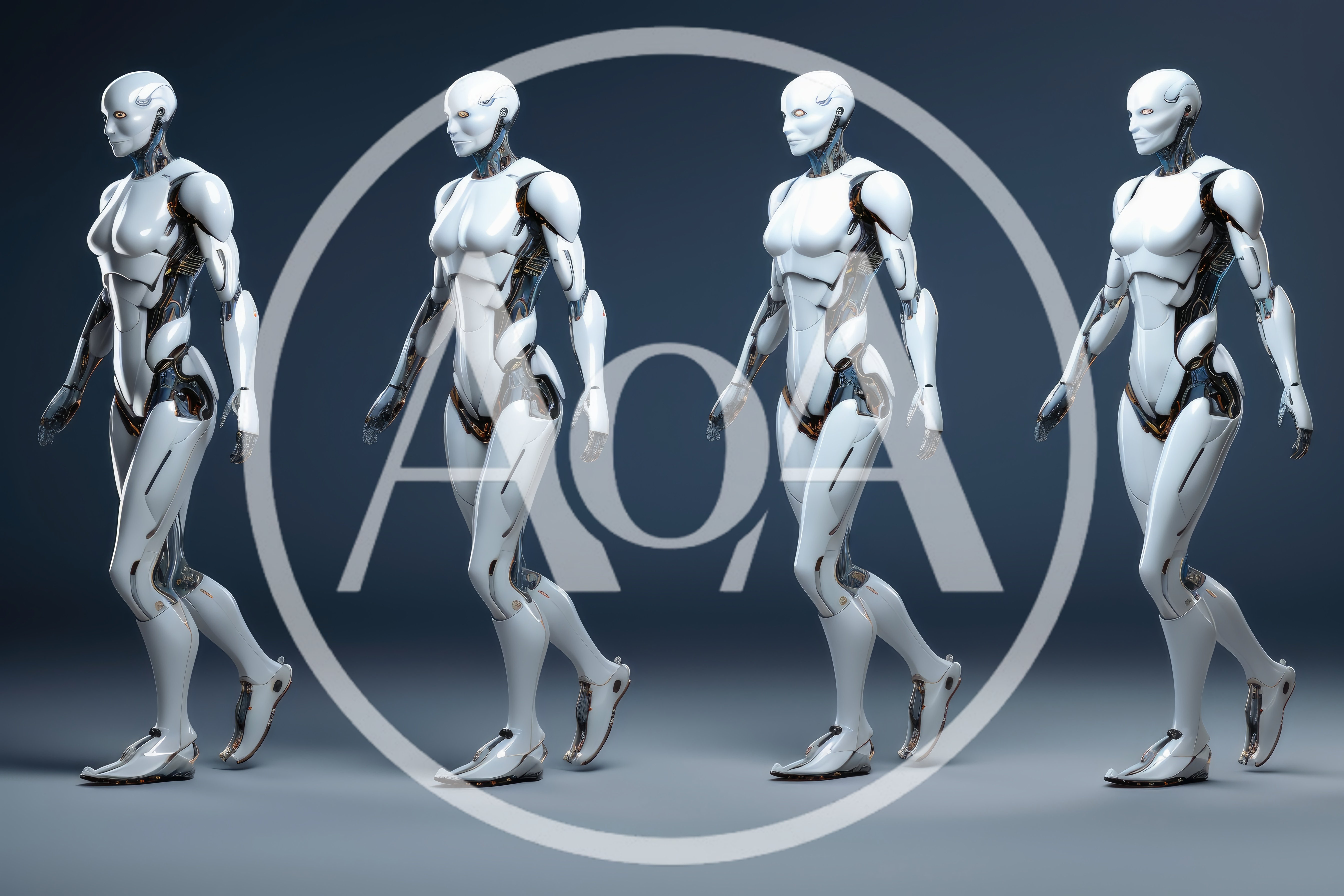 Four Identical White Robotic Humanoids Walking In Sequence