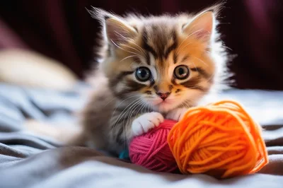Fluffy Tabby Kitten Playing With Colorful Yarn Balls