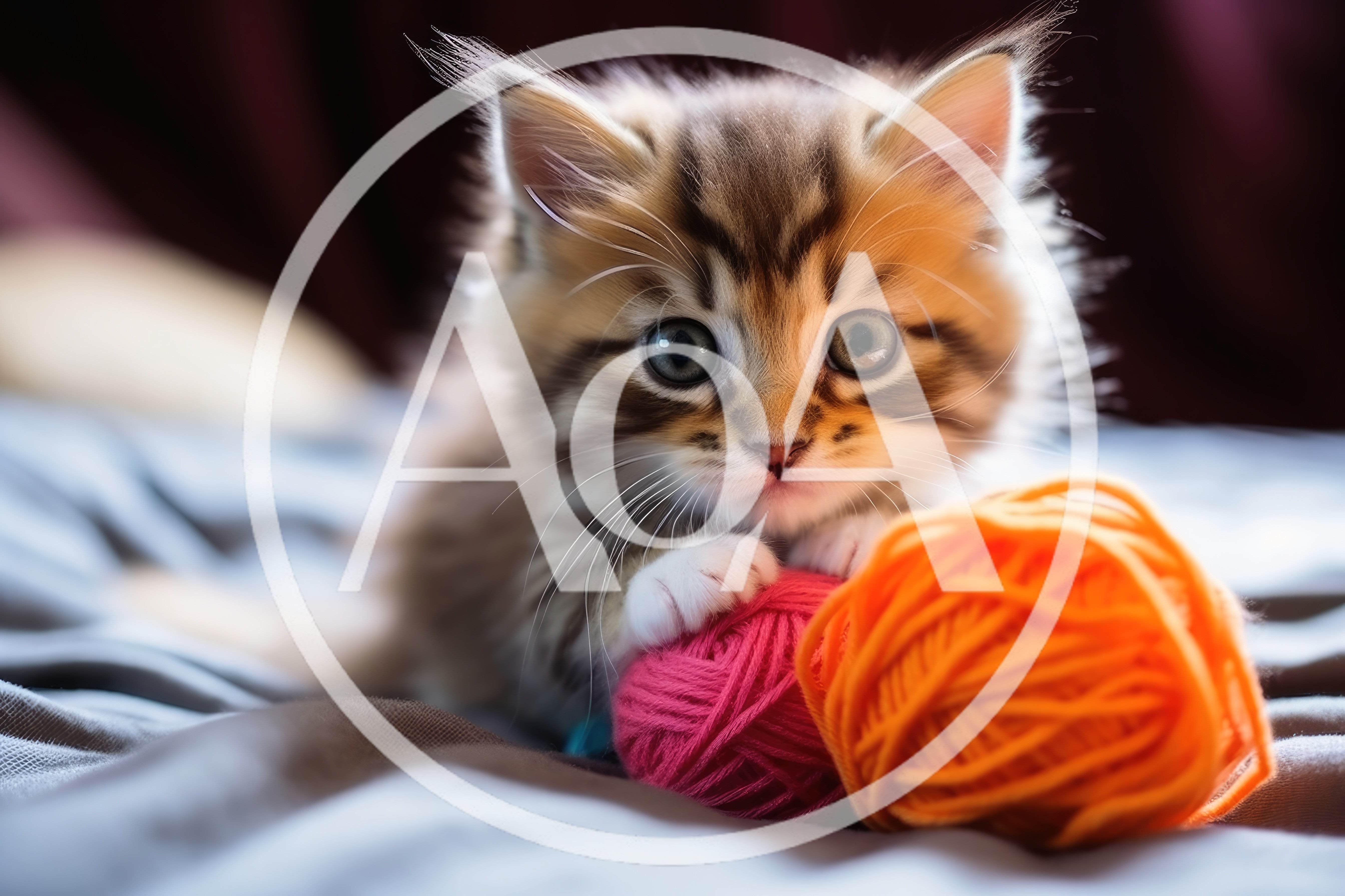 Fluffy Tabby Kitten Playing With Colorful Yarn Balls