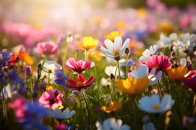 Vibrant Wildflower Meadow Under Golden Hour Sunlight
