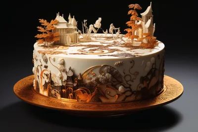 Ornate Architectural Cake With Intricate Gold Decorations