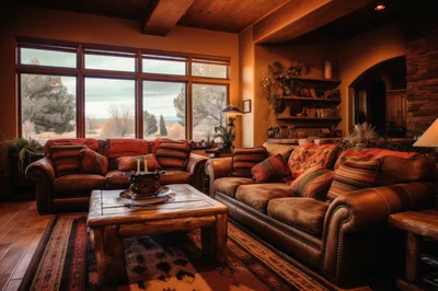 Rustic Southwestern Living Room With Leather Furniture