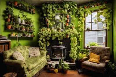 Cozy Living Room Filled With Lush Indoor Houseplants