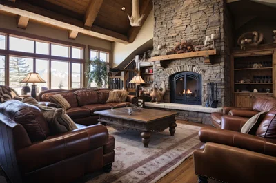 Luxury Rustic Living Room With Stone Fireplace
