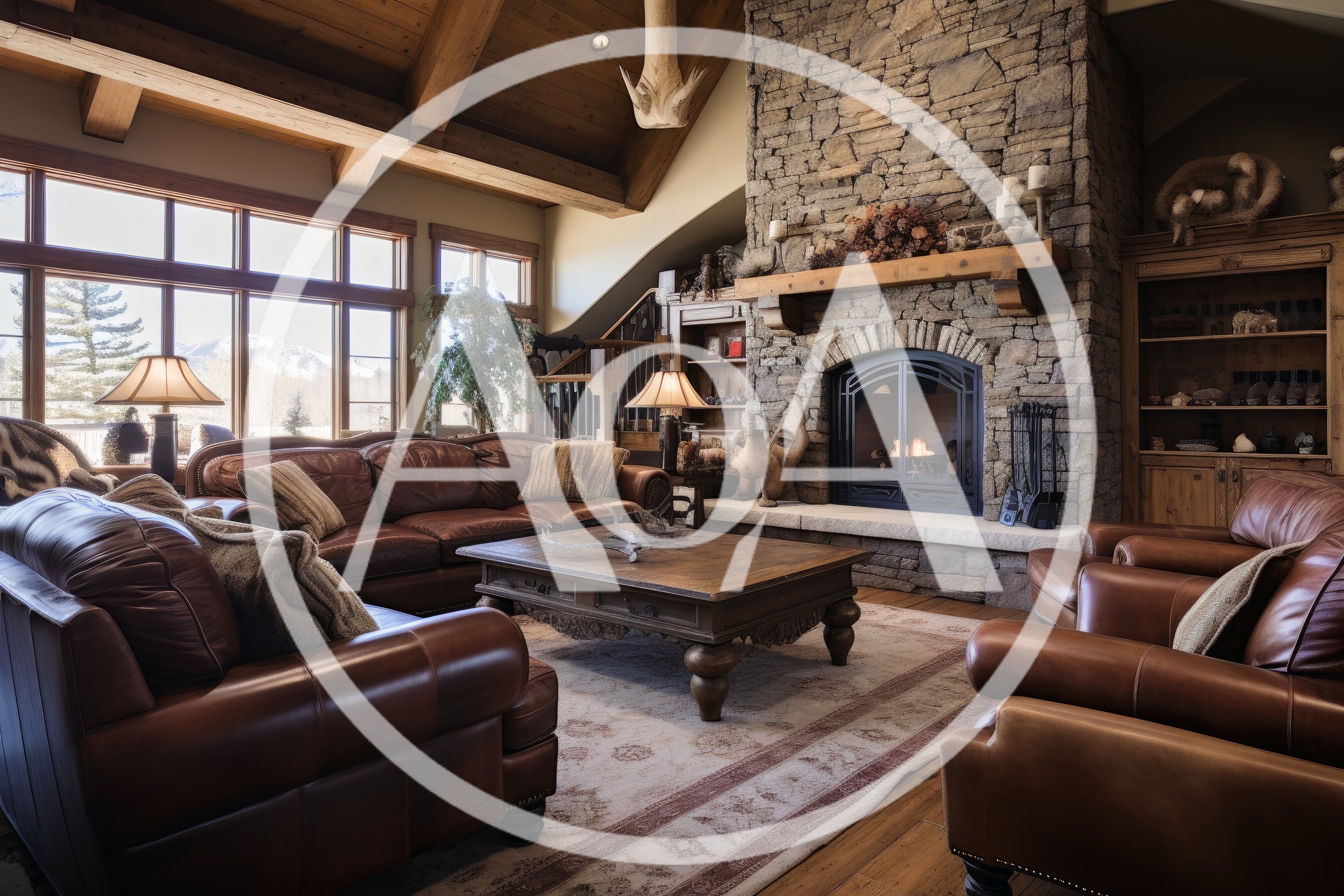 Luxury Rustic Living Room With Stone Fireplace