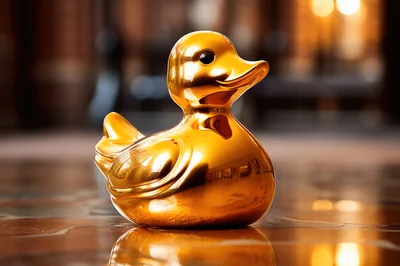 Shiny Golden Rubber Duck On Reflective Surface